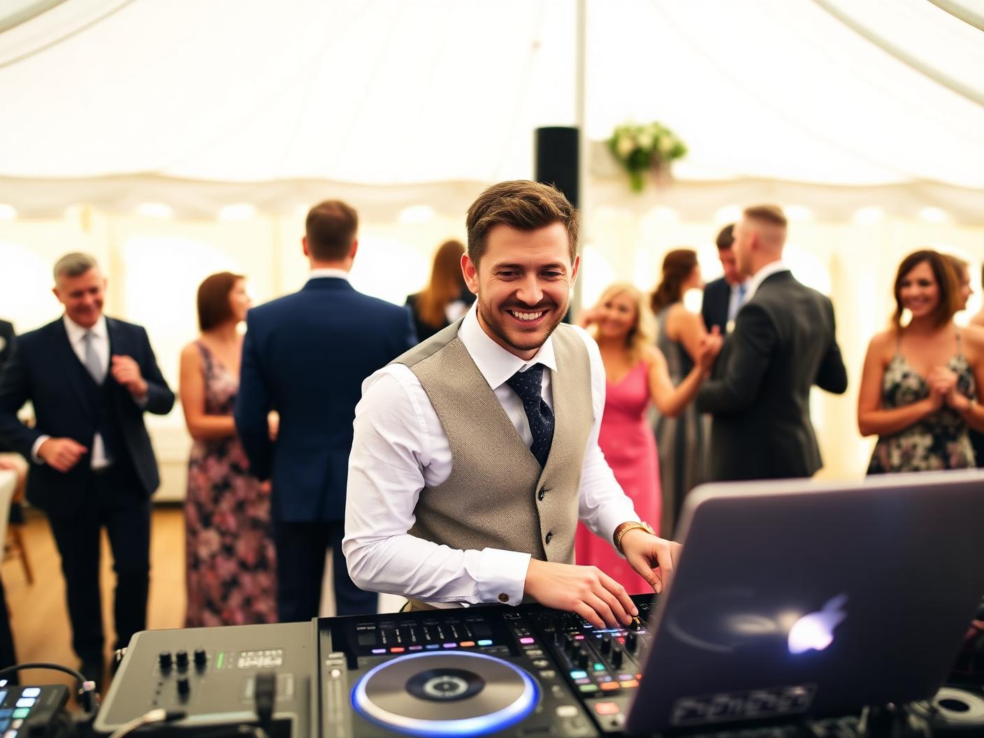 A wedding DJ working the decks while guests dance