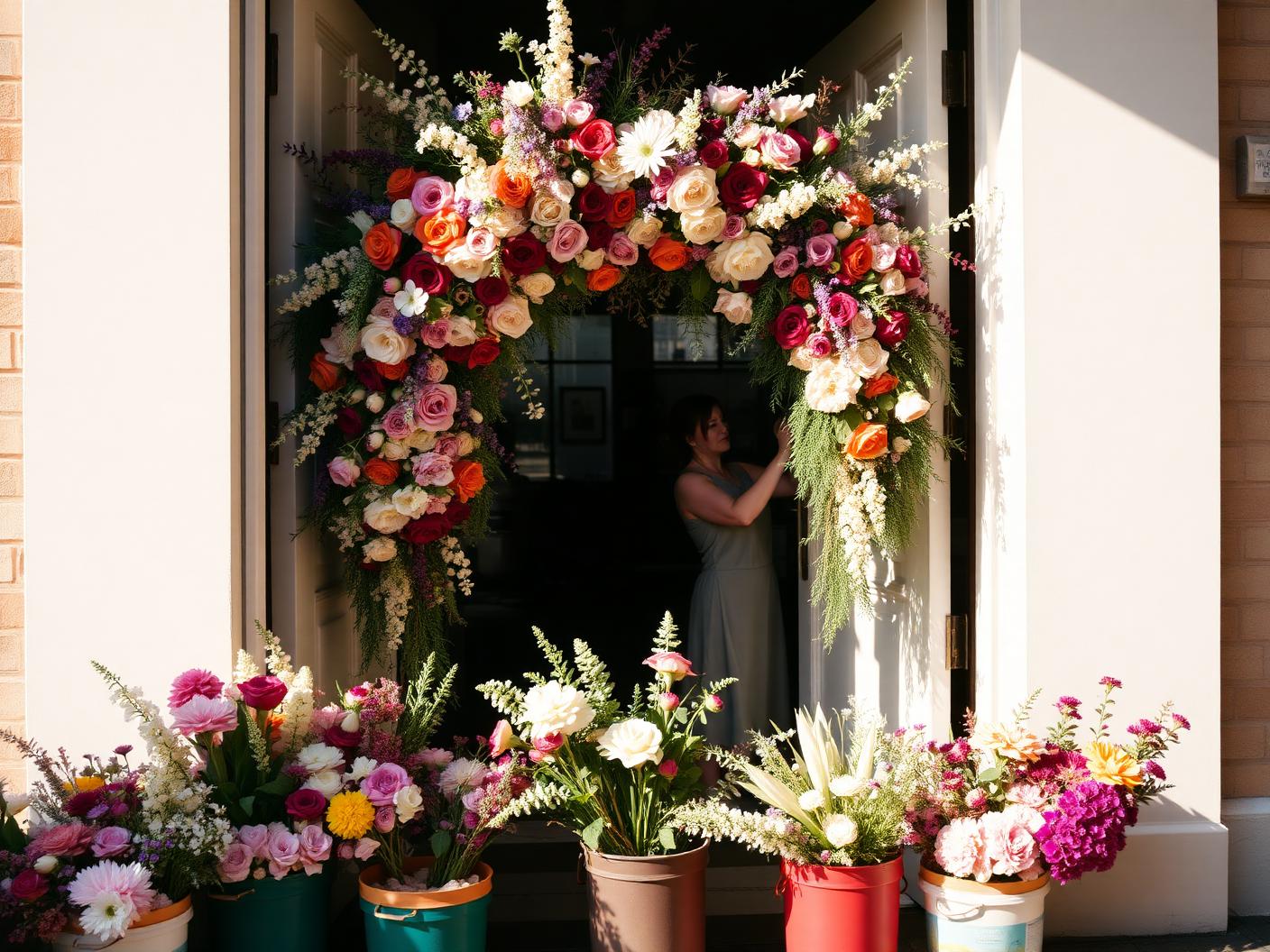 A florist building a flower installation at a venue entrance