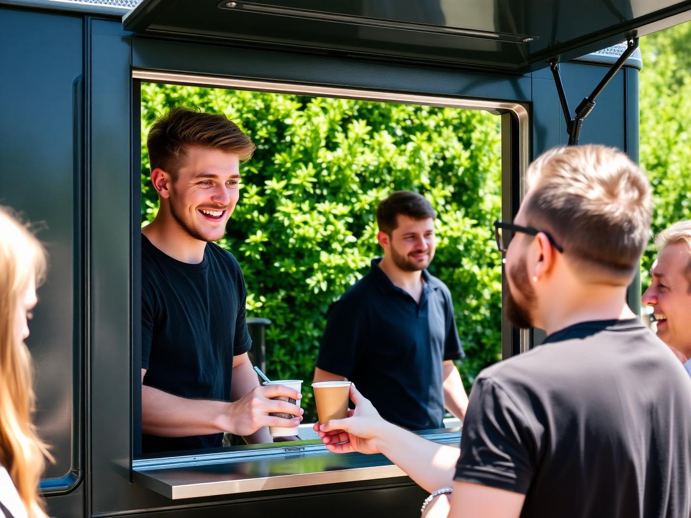 A coffee van owner serving customers from the hatch at a sunny outdoor event
