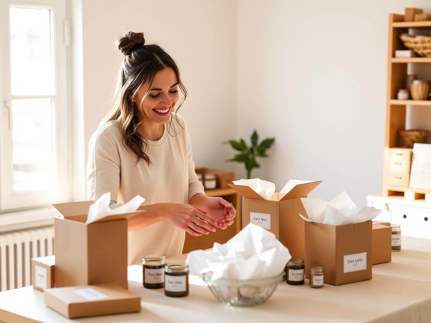 A candle maker packing customer orders into boxes in her sunlit home studio