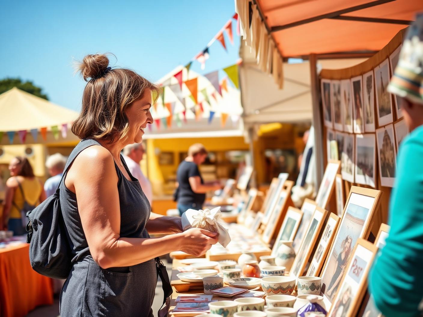 A craft market trader serving a customer at their stall