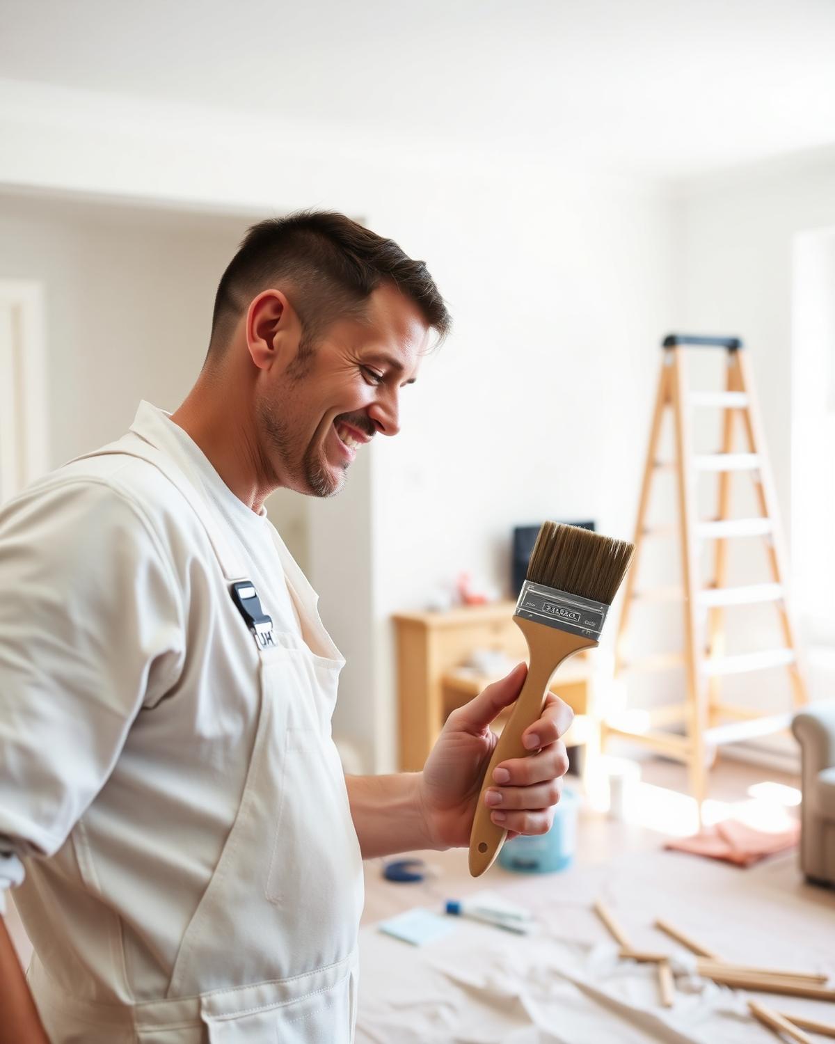 A decorator working in a bright freshly painted room
